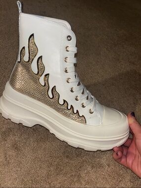 Cape Robbin White Lace-Up Platform Boots with Gold Flame Detail